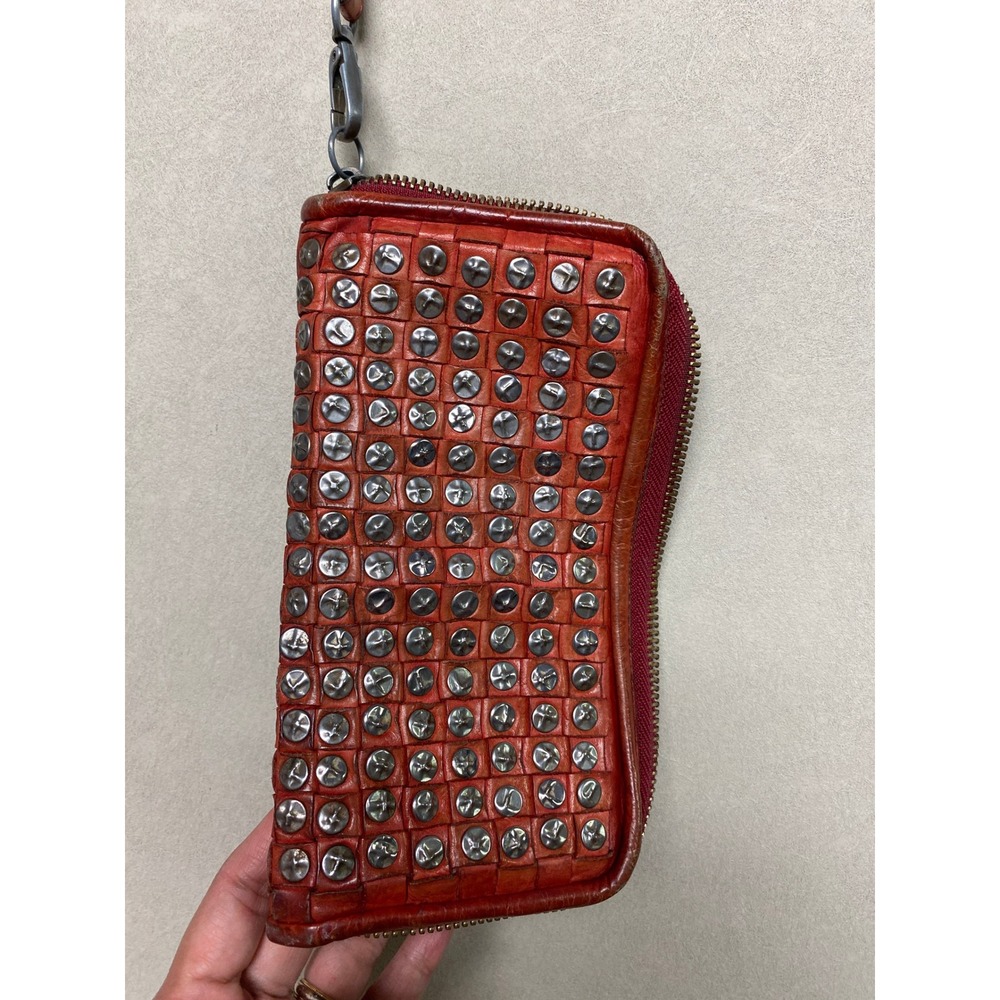 Platania Italian Leather Studded Woven Wristlet Wallet Red Zip Around